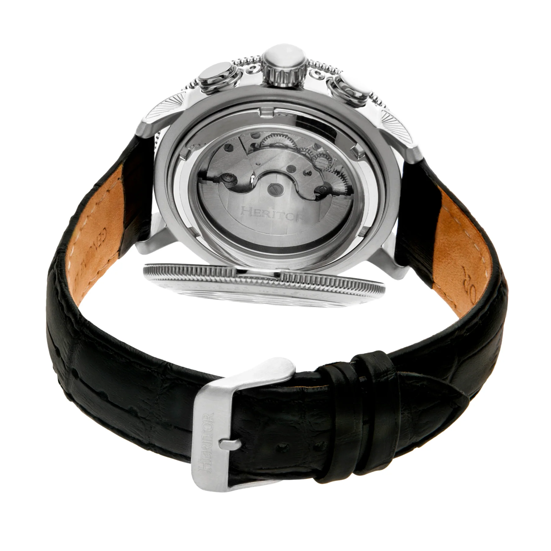 Aura Semi-Skeleton Genuine Leather-Band Watch Silver/Black Multi-colored Dial - Image 3