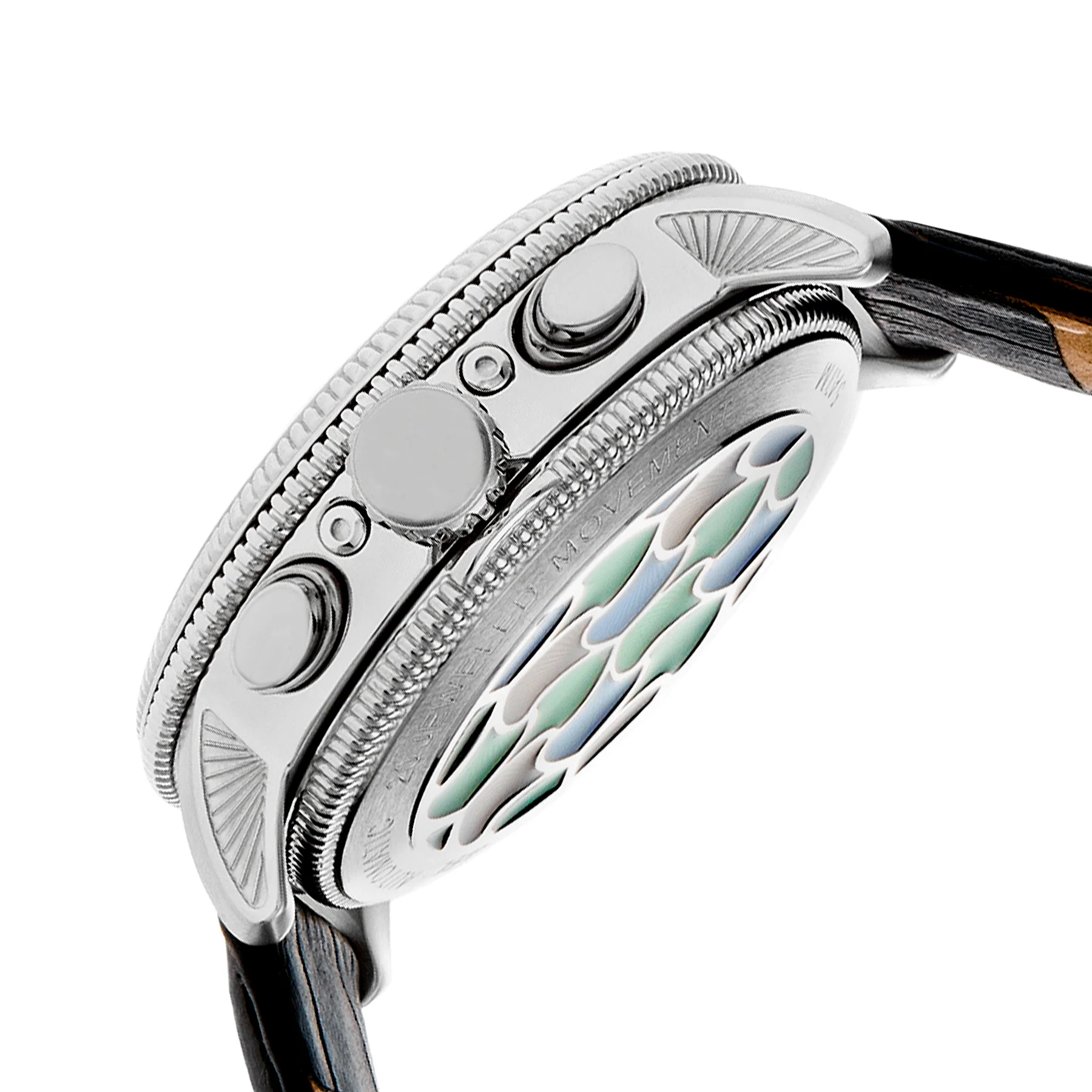 Aura Semi-Skeleton Genuine Leather-Band Watch Silver/Black Multi-colored Dial - Image 4