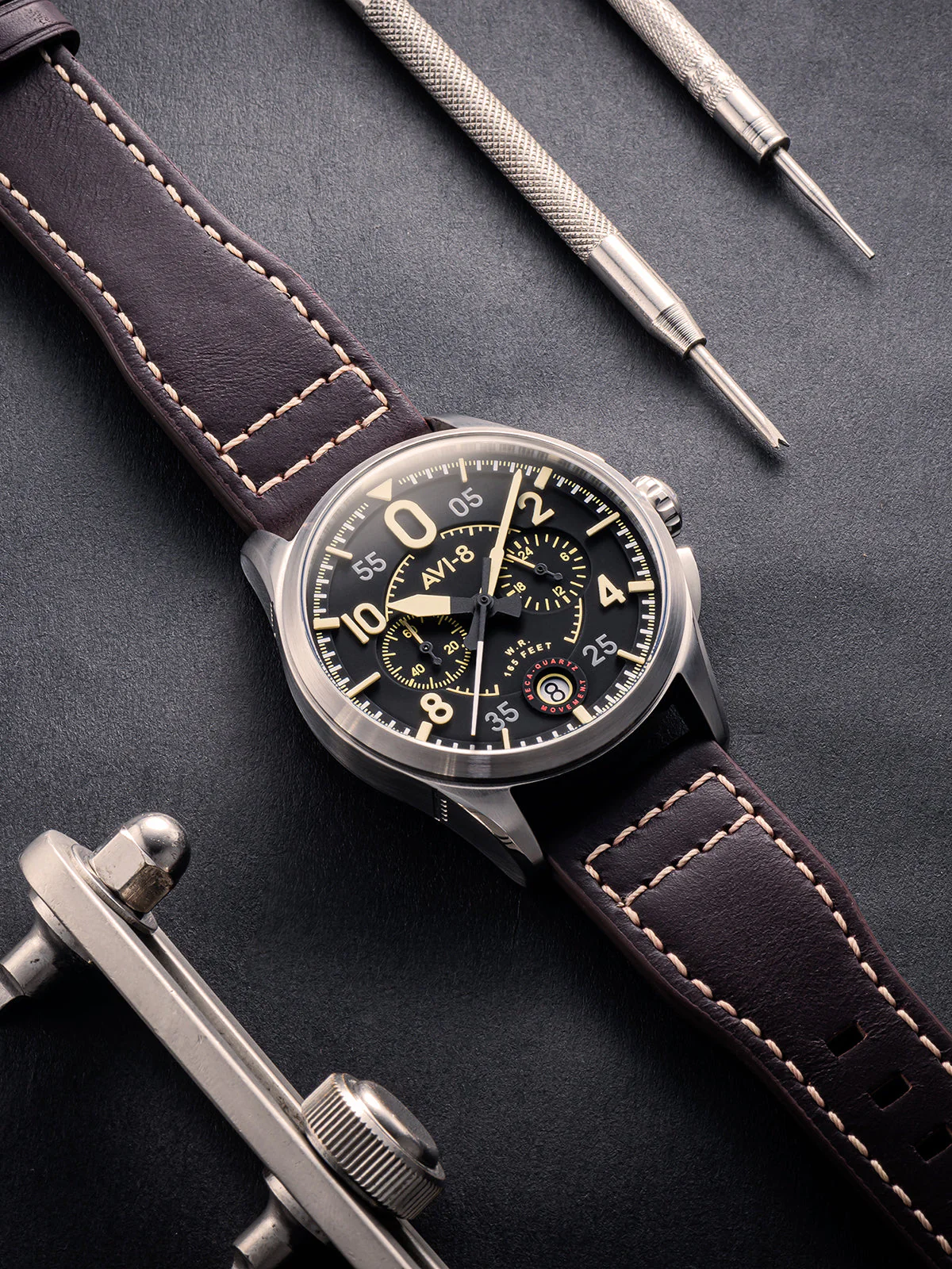 Spitfire Lock Chronograph Watch Black / Brown / Leather | Black Dial - Image 7